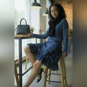 Parisian-Style Navy Print Skirt Sz L Clara Paris Euro Chic Faux Wrap Tulip Hem